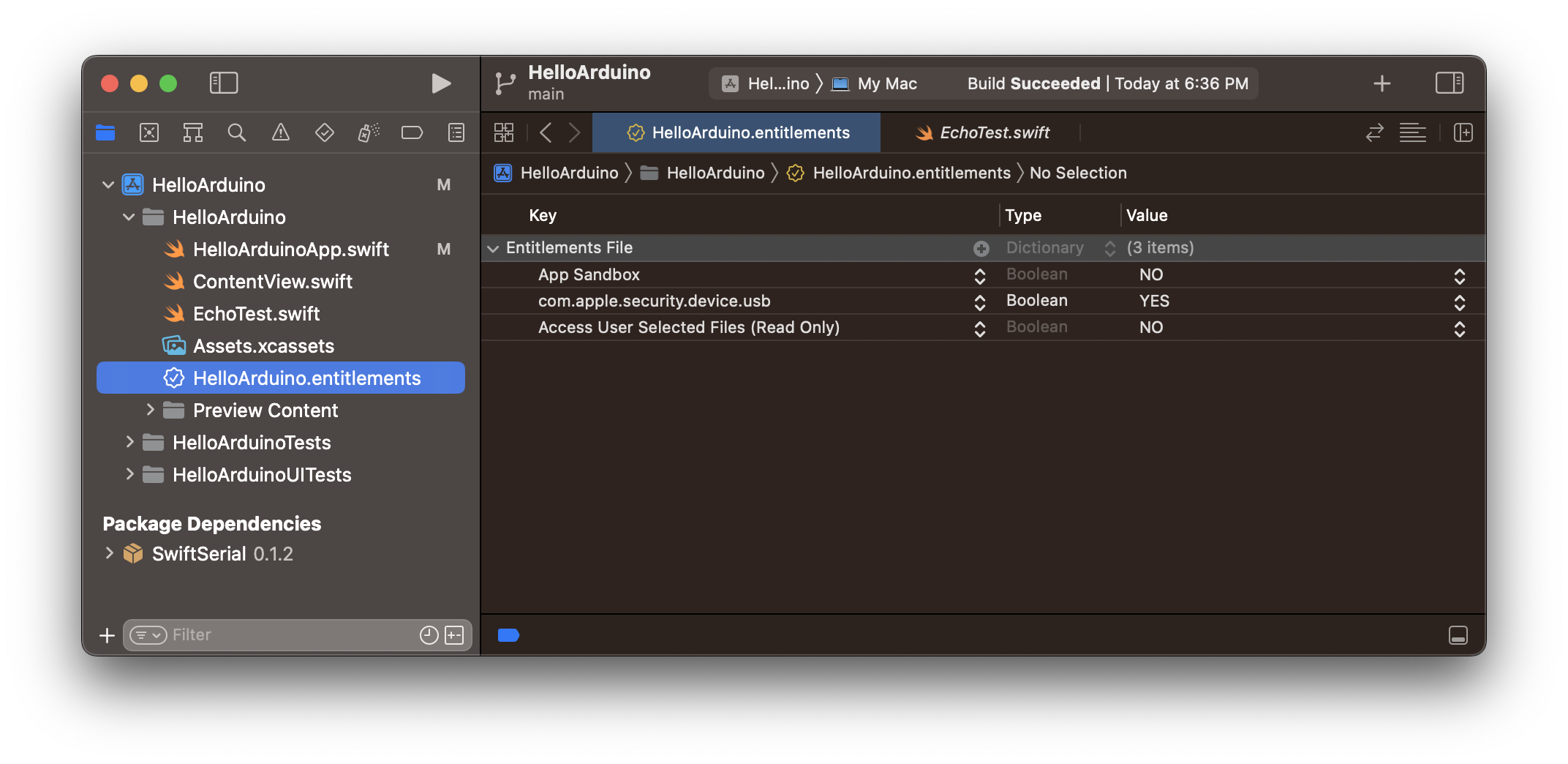 Screenshot of the entitlements file open with the Sandbox setting set to off