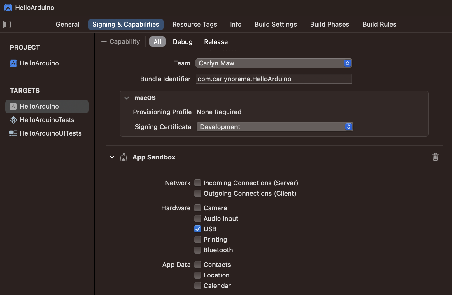Screenshot of how to set the USB Entitlements