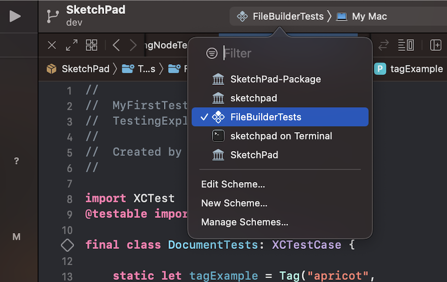 Cropped screenshot of the area at the top of an XCode window where one can select the Scheme