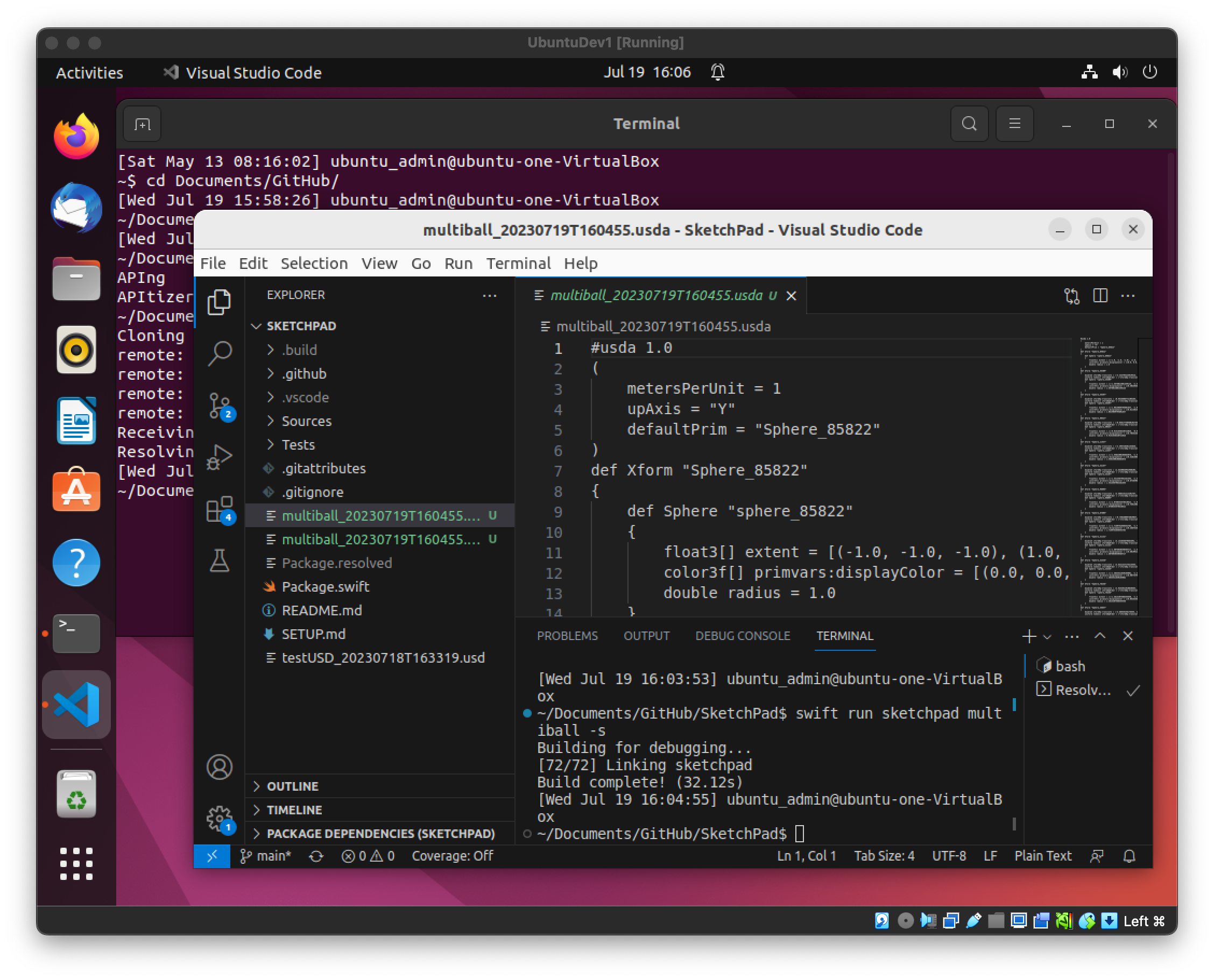 Screenshot of the Linux virtual machine with a VSCode window open to the SketchPad project with a freshly minted .usda file.