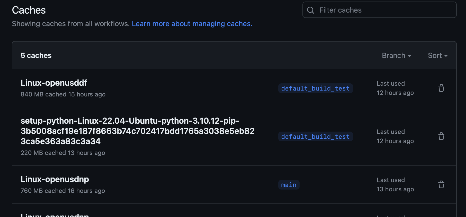 Screenshot of a GitHub repo’s Action cache control panel with several caches including one for a python build.