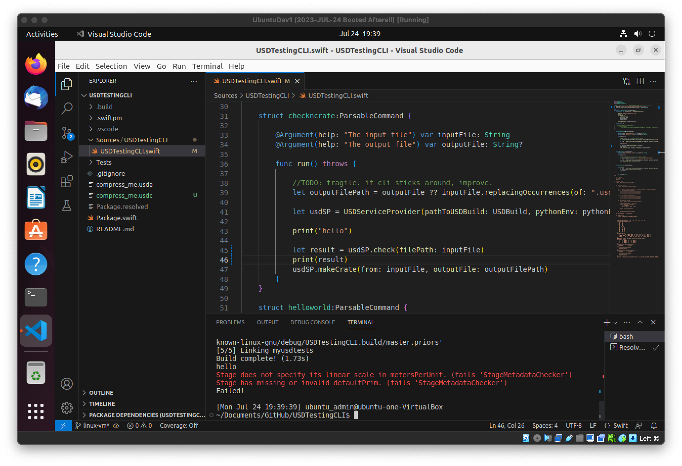 Screenshot of Ubuntu desktop with VSCode open to USDTestingCLI with the same output in the console as yesterday’s post had from the MacOS build.