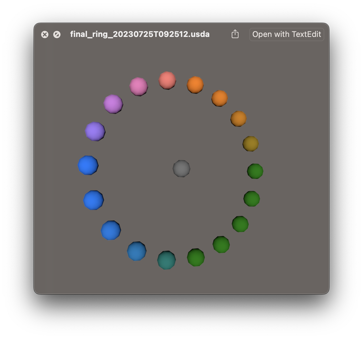 Screen shot of a ring made out of 18 spheres in a mid-tone rainbow color scheme