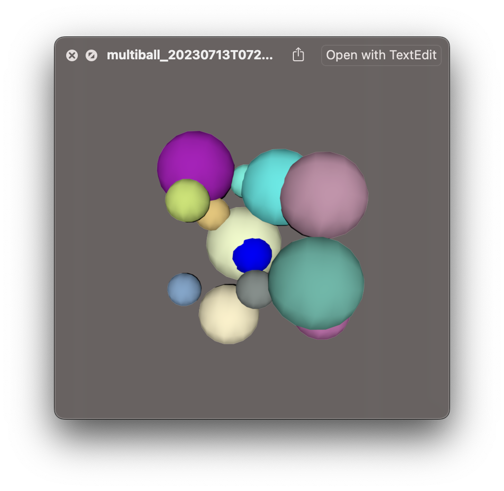Screenshot of QuickLook preview of USD file full of multi colored spheres that matches the embedded X3D file above. That the spheres are lower-poly meshes is of note.