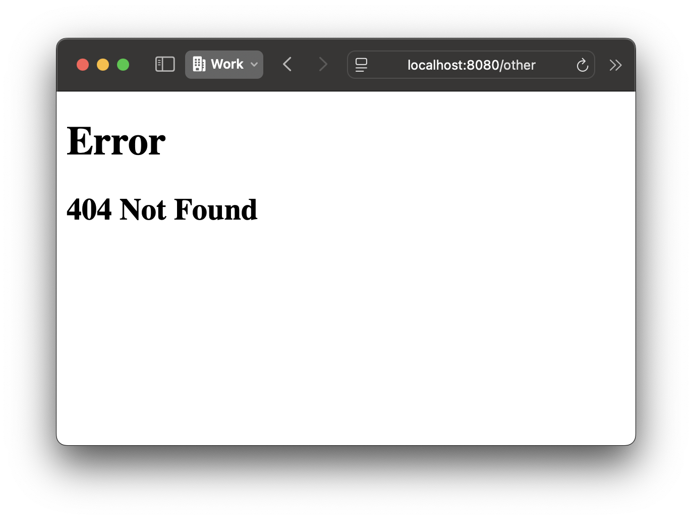 screen shot of browser window that says “Error” as an H1 title and “Not Found 404” as H2 with nothing after it visible. This is all in the in the default font. No styling added.