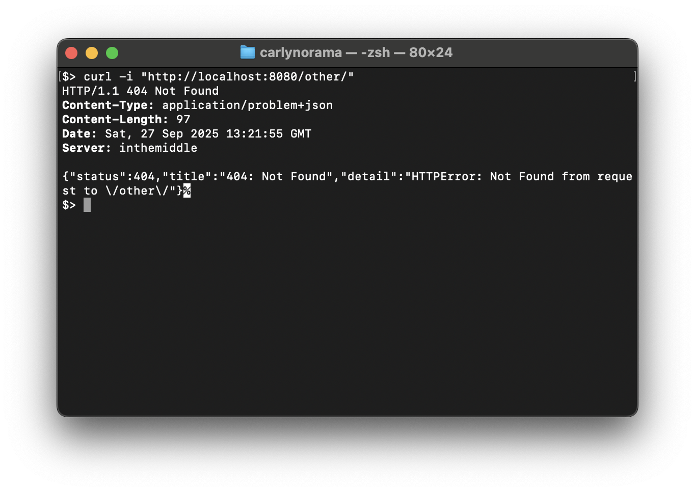screen shot of a terminal window that has the curl call and the problem detail json response showing.