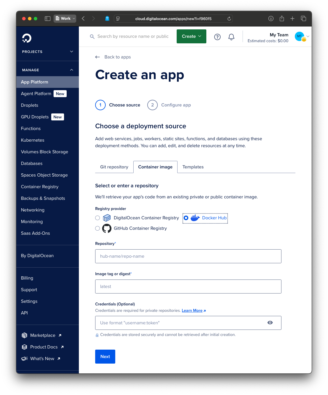 Screen capture of the Digital Ocean App Server creation interface showing the options once “from a registry is selected”