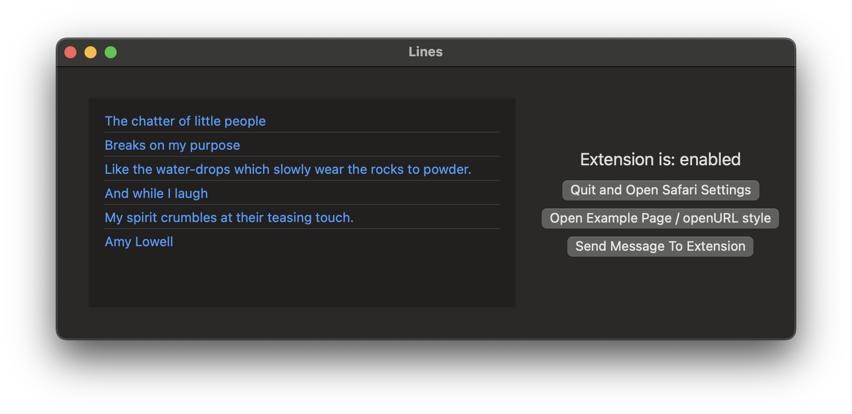 Screenshot of the macOS version of the Lines App, now with extension related details like whether the extension is enabled.