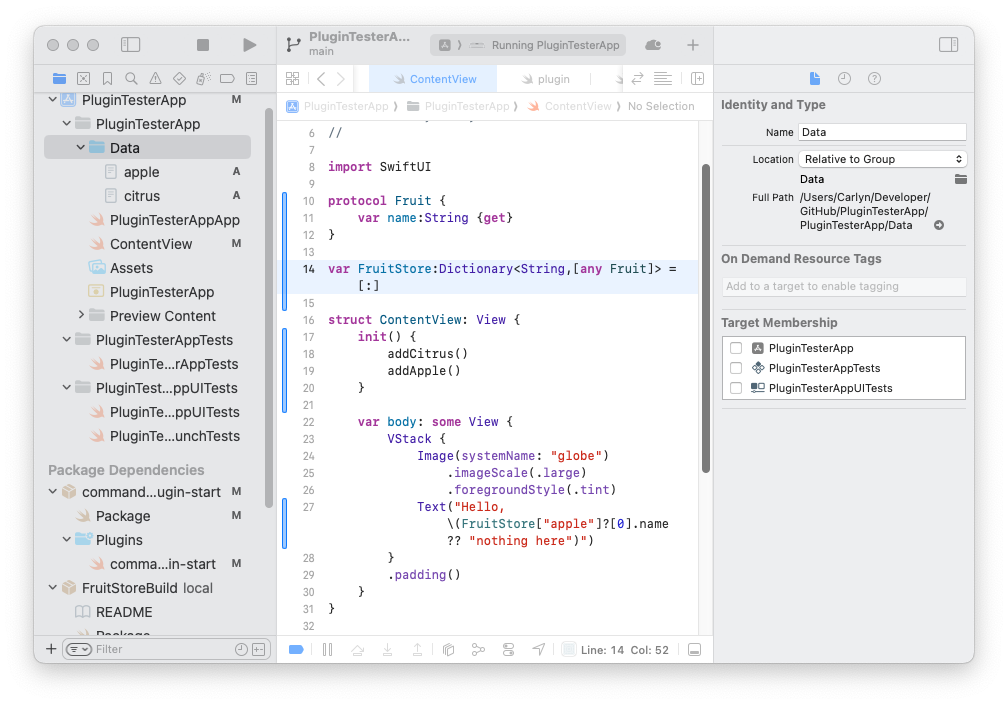 Screenshot Xcode window with the project navigator with the Data folder selected, the file inspector open to the Data folders info, and the content area showing ContentView.swift