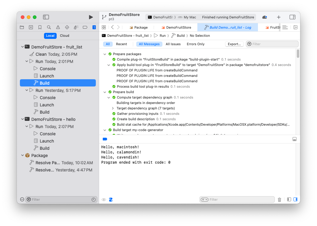 Screenshot of Xcode window, Navigator with the current build selected and Console with the output of the successful run also can be seen in addition to the report described in the caption.